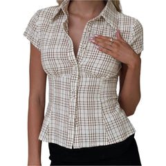 Women Short Sleeve Plaid Button Down Shirt | Button Down Blouse | Fitted Top