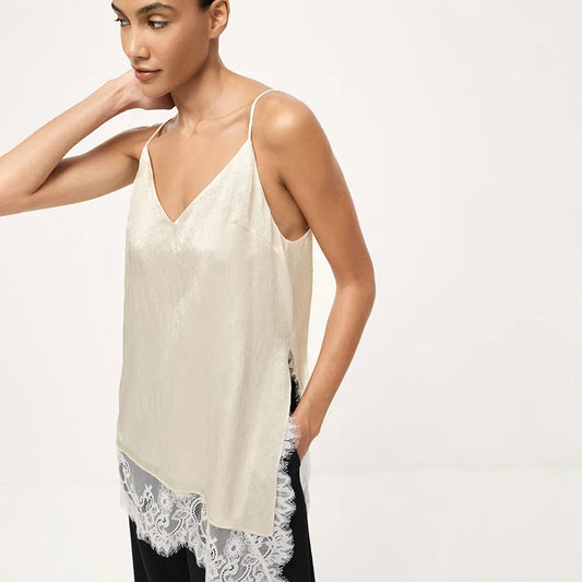 Women Elegant Satin Spaghetti Strap Camisole | Lace Split Vest | Casual Silk Top | Summer