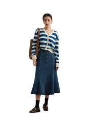 Women Fishtail Slit High Waist Denim Skirt | Blue Mid-Calf Casual Cotton Skirt