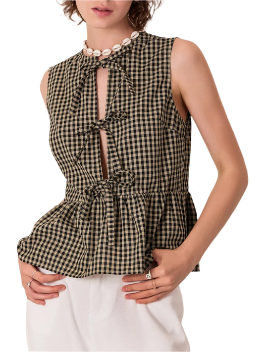 Women Plaid Bow Tank Top | Babydoll Top | Sleeveless Summer Vest Top