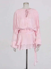 Women Flowy Mini Dress | V Neck | Long Sleeve | Spliced | Lace Up | Blouse Dress