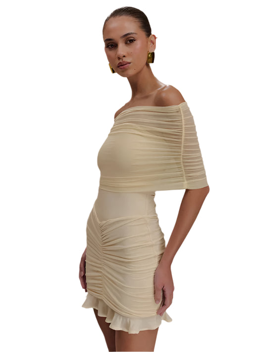 Women Ruffled Mesh Off-Shoulder Mini Dress | Backless Short Party Dress