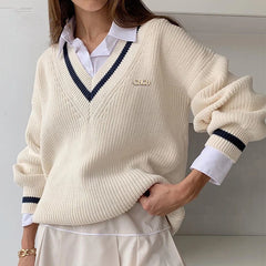 Women Loose Sweater | Autumn | Knitted Pullover | Long Sleeve | V-Neck Knitted Sweater