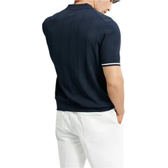 Men Summer Lapel Zipper Polo Top | Business Casual | Vertical Lines Solid Color Polo