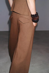 Women Brown Casual Pleated Pants | V Neck Vest Top | Set