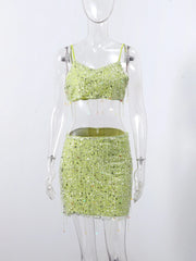 Women Summer Tassel Top With Mini Skirt Set | Sequin Crop Top | Backless | Beach Holiday