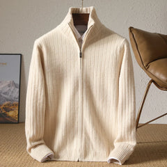 Men Merino Wool Stand-Up Collar Cardigan | Business Casual | Warm Zipper Jacket