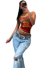 Women Summer Mesh Tank Top | Vintage Print | Crop Top | Tee