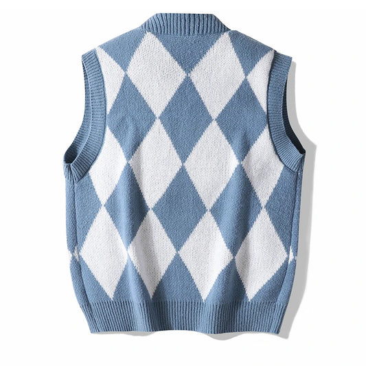 Men Plaid Sweater Vest | Sleeveless V-Neck Button Cardigan | Office Knitted Vest