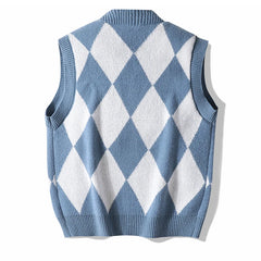 Men Plaid Sweater Vest | Sleeveless V-Neck Button Cardigan | Office Knitted Vest