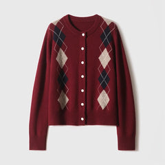 Women Argyle Cashmere Knitted Cardigan | Diamond Check Sweater | Wool
