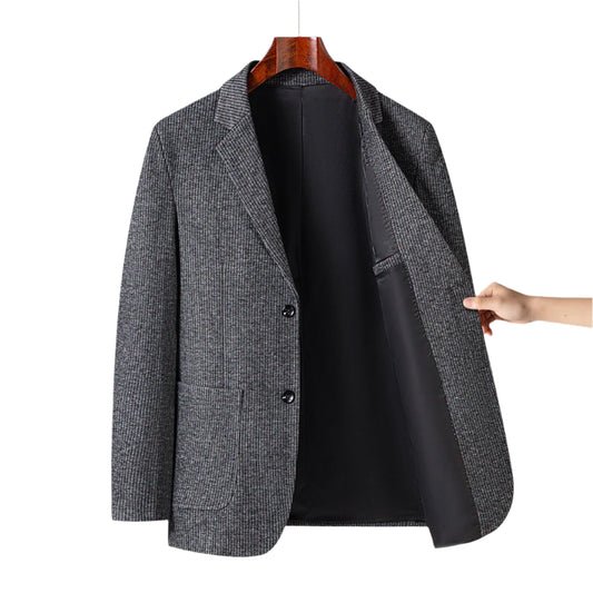 Men Business Casual Knitted Stripes Blazer | Grey Wool Suit with Pocket