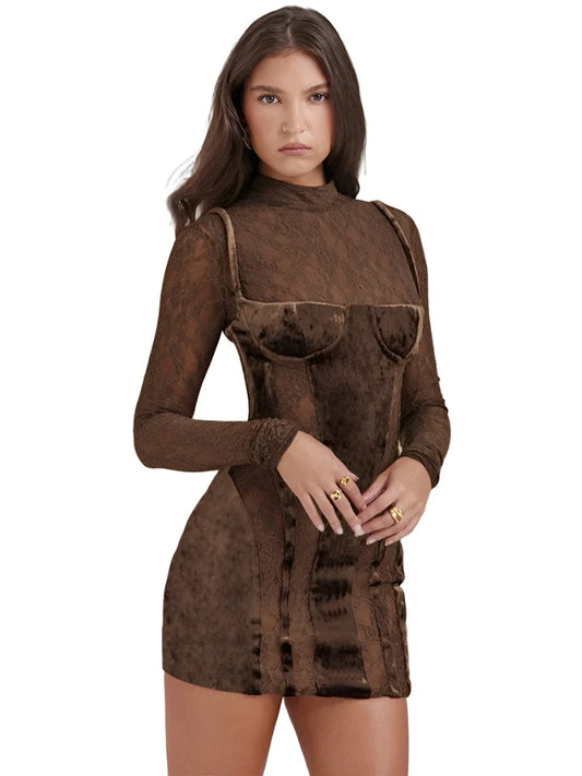 Women Brown Lace Print Mini Dress | Patchwork See-Through Coquette Mini Bodycon