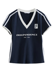 Women Summer Cotton V Neck Sporty Cropped Jersey Tee | Y2K |  Breathable