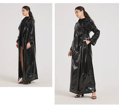 Women Black Shiny Leather Trench Coat | Luxury Designer | Floor Length | Glossy Leather Coat | Reflective | Soft Patent