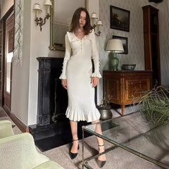 Women Knitted Ruffled Long Dress | V-Neck Summer Vintage Dress
