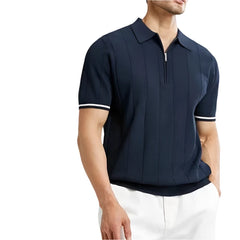 Men Summer Lapel Zipper Polo Top | Business Casual | Vertical Lines Solid Color Polo