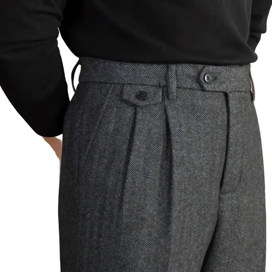 Men High-Waisted Woolen Pants | Herringbone | Italian Vintage Pants | Suit Pants |  Warm | Straight Fit