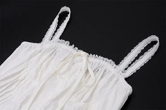 Women White Pleated Mini Dress | Summer Dress | Square-Neck Lace Patchwork Dress
