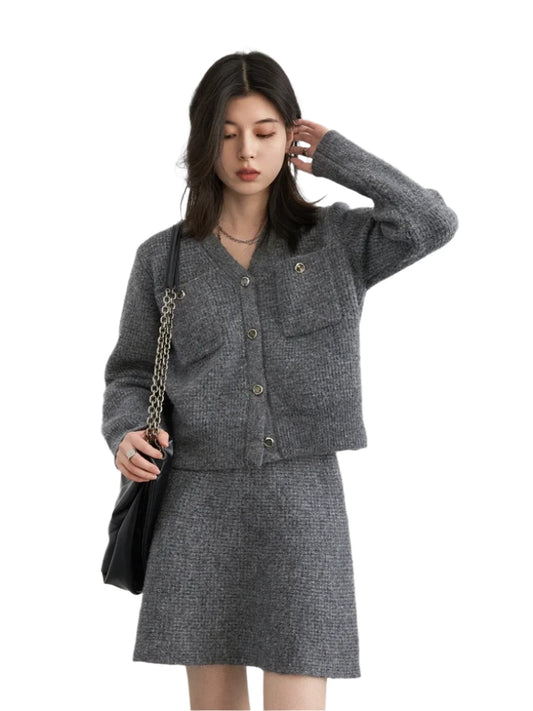 Women Knitted Cardigan | Knit Sweater Skirt | Gray Sweater