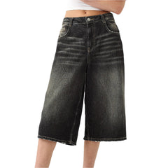 Women Knee Length Denim Shorts | Low Waisted | Stretchy Bermuda Jean Shorts | Baggy Cargo Jorts | Y2K Vintage