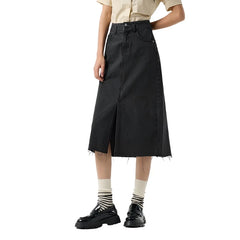 Women Long Denim Skirt | High Waist A-Line Denim Skirt with Slit