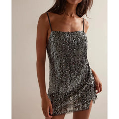Women Sequin Party Dress | Mini Slip Dress | Spaghetti Strap | Split Hem
