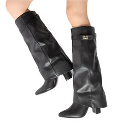 Women Cow Boy Boots | Lock Buckle | High Heels | Knee-Length Boots | Fold-Over Long Boots
