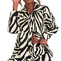 Women Zebra Print 2 Piece Set | Long Sleeve Drop Shoulder Shirt with Wide Leg Pants