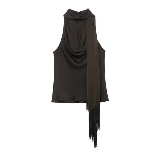 Women Satin Pleated Top | Sleeveless | Summer | V Neck | Halter Neck