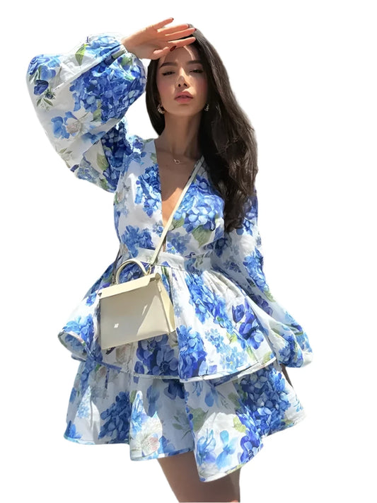 Women Printed Ruffled Layered Mini Dress | V-Neck Puff Sleeves A-Line Short Dress