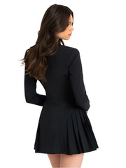 Women Black Blazer Winter Mini Dress | V Neck Single-Breasted Long Sleeve Pleated Dress