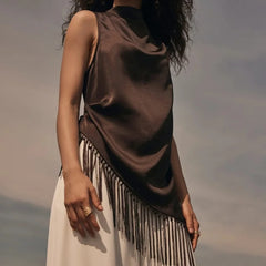 Women Summer Satin Tassel Hem Top | Brown | Sleeveless | High Neck | Long Tank Top