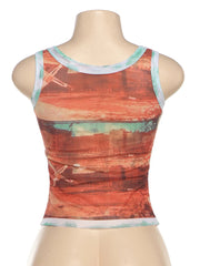 Women Summer Mesh Tank Top | Vintage Print | Crop Top | Tee