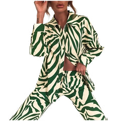 Women Zebra Print 2 Piece Set | Long Sleeve Drop Shoulder Shirt with Wide Leg Pants