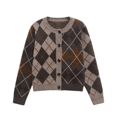 Women Argyle Knitted Cardigan | Diamond Pattern | Long Sleeved | Single Breasted Sweater