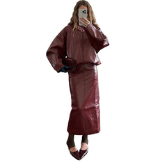 Woman Glossy Leather Two Piece Set | Leather Jacket | Straight Long Leather Skirt | Autumn | Stand Collar Zipper Jacket |