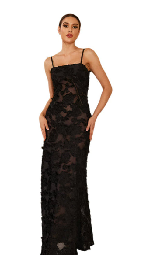 Women Black Maxi Dress | Long Formal Party Dress | Applique Lace Dress