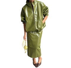 Woman Glossy Leather Two Piece Set | Leather Jacket | Straight Long Leather Skirt | Autumn | Stand Collar Zipper Jacket |