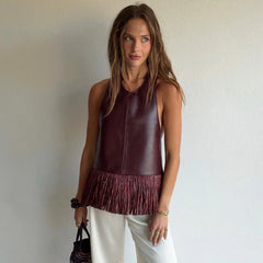 Women Vintage Leather Tassel Vest | Sleeveless | Backless | Halter Top