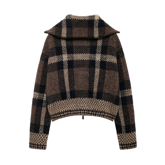 Women Short Knitted Jacket | Check-Knit Winter Bomber Jacket
