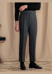Men Vintage Wool Herringbone Pattern Pants | Casual | British | Warm | High Waist | Straight Pants