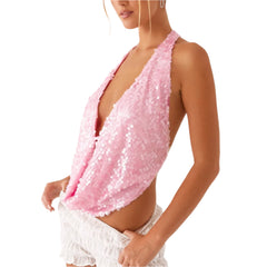 Women Sequin Halter Top | Sleeveless Deep V Neck | Backless Glitter Tank Top