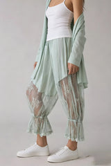 Women Loose Fit Bloomers Cropped Pants | High Waist | Floral Lace | Lantern Trousers
