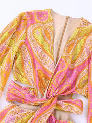 Women Printed Lime Pink Mini Dress | Vintage Chic Dress | Back Zipper V-Neck Dress