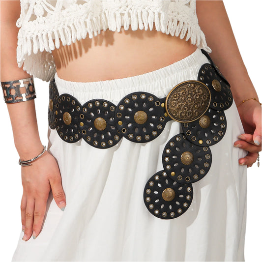 Women Rivet Round Ethnic Style Belt | Vintage Boho Patchwork Belt