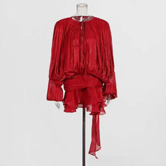 Women Flowy Mini Dress | V Neck | Long Sleeve | Spliced | Lace Up | Blouse Dress