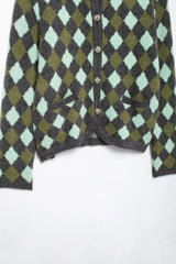 Women Vintage Argyle Sweater | Long Sleeve | Pockets | Knitted Cardigan