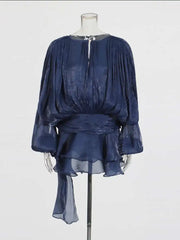 Women Flowy Mini Dress | V Neck | Long Sleeve | Spliced | Lace Up | Blouse Dress