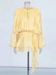 Women Flowy Mini Dress | V Neck | Long Sleeve | Spliced | Lace Up | Blouse Dress